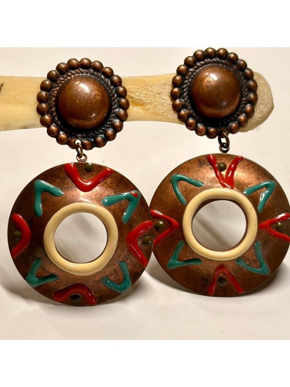 Vintage Copper Statement Earrings Large Retro Enamel Art Jewelry Dangles